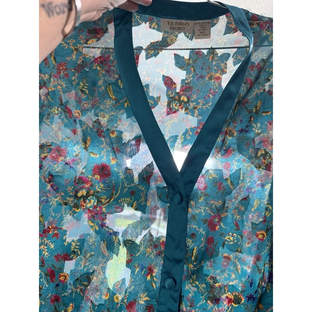 VTG Victoria's Secret Sexy Sheer Turquoise Floral Satin Button Up Nightgown M/L - Picture 8 of 8